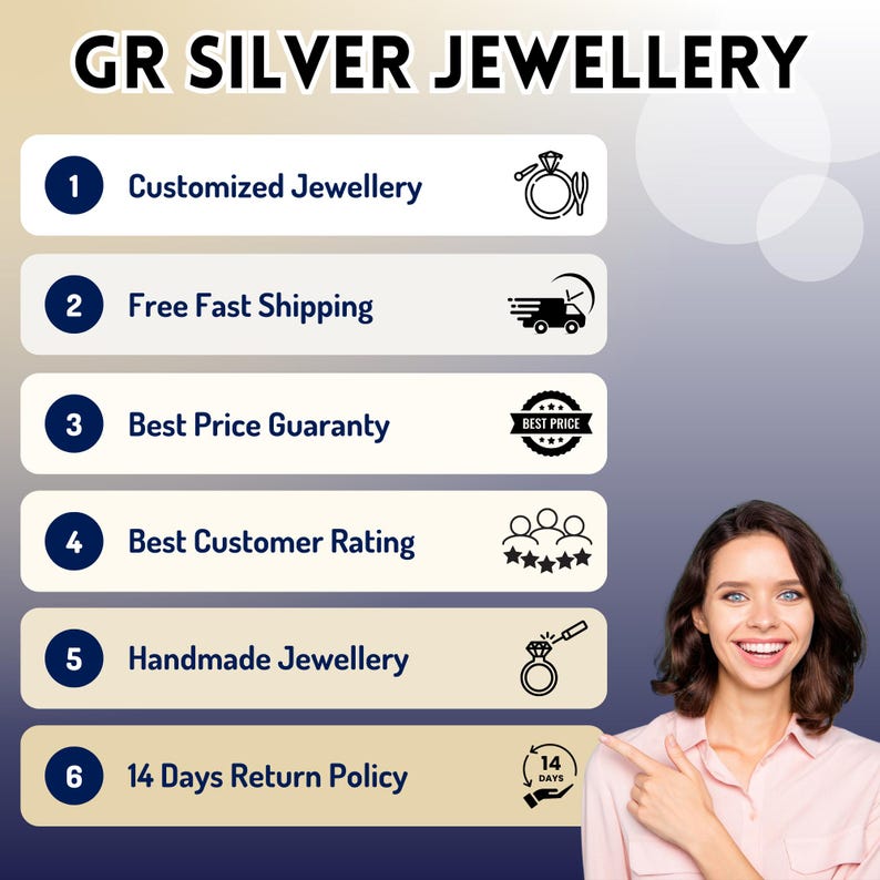 K&ouml;nnte beinhalten: Werbebild f&uuml;r GR Silver Jewellery. Das Bild zeigt eine Frau, die auf Textfelder zeigt. Der Text enth&auml;lt "Customized Jewellery", "Best Price Guaranty" und "Handmade Jewellery". Der Markenname steht oben.