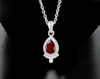 Natural Garnet Pendant, Faceted Garnet Pendant, Pear Garnet Birthstone, Boho Silver Pendant, Minimalist Necklace Bridesmaid-Everyday Jewelry