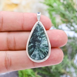 Green Seraphinite Pendant  Handmade 925 Sterling Silver Boho Jewelry