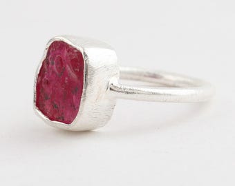 Raw Ruby Sterling Silver Ring: Uncut Gemstone, Boho Artisan Jewelry