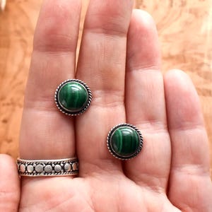 Green Malachite Boho Stud Earrings, 925 Silver Post Earrings, Malachite Jewelry, Round Gemstone Earrings, Minimalist Studs, Gift For Wedding
