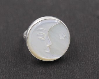 Sterling Silver Moon Face Ring with Mother of Pearl, Boho Astrology Jewelry
