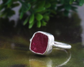 Minimalist Raw Ruby Ring, Sterling Silver Boho Jewelry Gift for Women