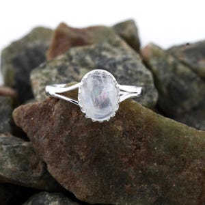 Rainbow Moonstone Ring: Oval Sterling Silver Boho Ring