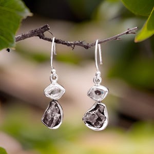 Herkimer Diamond & Meteorite Dangle Earrings  Sterling Silver Boho Jewelry