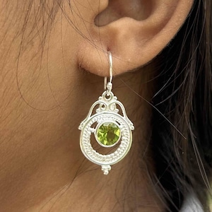 Peridot Dangle Earrings, Natural August Birthstone Jewelry, Sterling Silver Boho Earrings, Handmade Gift for Her, Wedding Statement Earrings