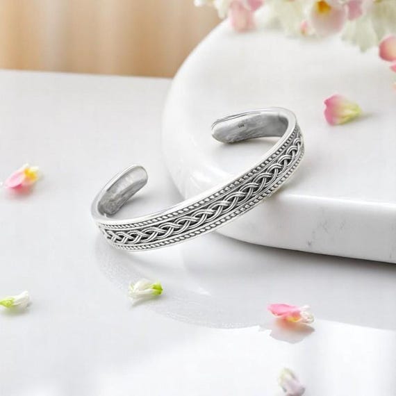Sterling Silver Men's Cuff Bracelet, Adjustable Open Bangle, Boho
