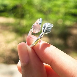 Rose Quartz Sterling Silver Ring  Adjustable Leaf Band, Boho Jewelry