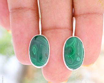 Natural Malachite Dangle Earrings, Sterling Silver Oval Gemstone Earrings, Bohemian Boho Jewelry, Green Stone Drop Earrings, Gift for Her