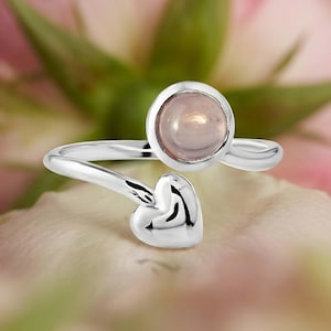 Natural Rose Quartz Heart Open Adjustable Sterling Silver Rings, Stackable Jewelry For Women, Promise Ring,Handmade Engagement Gifts