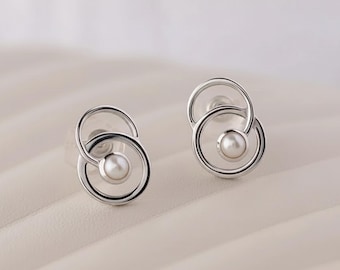 Sterling Silver Small Freshwater Pearl Stud Earrings, Pearl Fancy Stud Earrings, Dainty Minimalist Earrings, Handmade Boho Jewelry Gifts