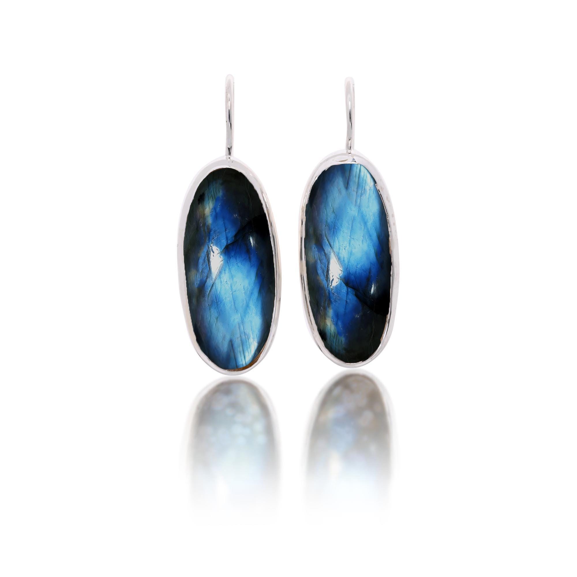 Ciondoli Fiore In Argento 925 Con Labradorite Naturale Del Labrador Cabochon 12mm E 14mm