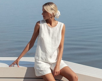 Basic white linen top for women, perfect handmade linen clothing for resort and cruises