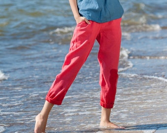 Minimalist Pants Women, Linen Clothing, Red Capri Pants, Linen Summer Pants, Tapered Pants, Linen Trousers, Loose Pants, Pocket Pants