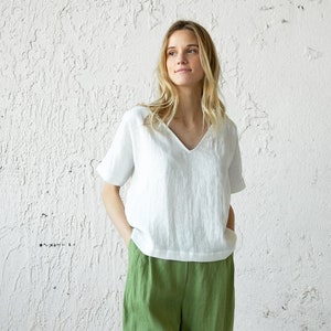 Loose Linen Shirt SEDONA in Sandy Beige / Short Sleeve Top