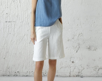 White Summer Linen Shorts, White Linen Pants, Wide Leg Shorts, Linen Clothing, Linen Shorts Women, Plus Size Clothing, Bermuda Linen Shorts