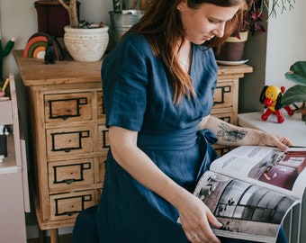 KLAAR VOOR VERZENDING Litouwse linnen wikkeljurk voor dames met zakken, perfect voor op kantoor