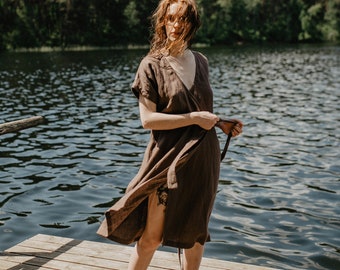 Linen Wrap Dress With Belt Dress and Short Sleeves, Perfect for Summer