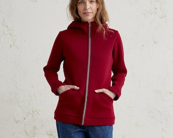 Moletom com capuz vermelho e zíper, feito à mão, confortável em algodão, jaquetas e casacos, roupa aconchegante para presente, moletom com zíper, tamanho grande, caimento perfeito