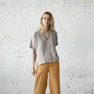 Summer Linen Tee, Minimal Linen Blouse, Loose Linen Shirt, Plus Size Clothing, Loose Summer T-Shirt, Linen Clothing, Minimalist Linen Top image 1