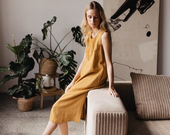 Mustard Linen Dress, Sleeveless Midi Dress, Linen Comfy Dress, Linen Clothing, Modern 50s Dress, Summer Linen Dress, Wedding Guest Dress