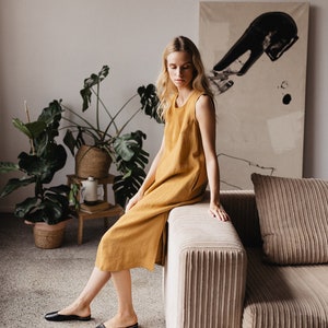 Mustard Linen Dress, Sleeveless Midi Dress, Linen Comfy Dress, Linen Clothing, Modern 50s Dress, Summer Linen Dress, Wedding Guest Dress