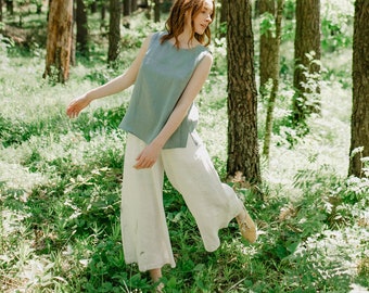 White Linen Culottes, Linen Palazzo Pants, Wide Leg Pants, Linen Clothing, Loungewear Pants, Loose Linen Trousers, Summer Pants, Lightweight