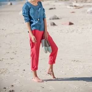 Minimalist Pants, Womens Clothing, Linen Clothing, Red Capri Pants, Linen Pants, Tapered Pants, Loose Linen Trousers, Pants With Pockets image 2