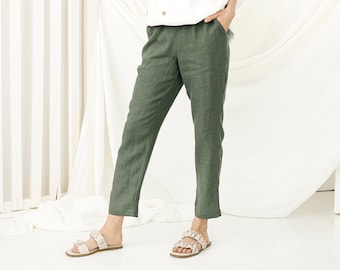 Linen Pants, Comfy Pants For Work, Linen Capri Pants, Lounge Pants, Linen Clothing, Plus Size Pants, Elastic Waist Pants, High Waist Pants