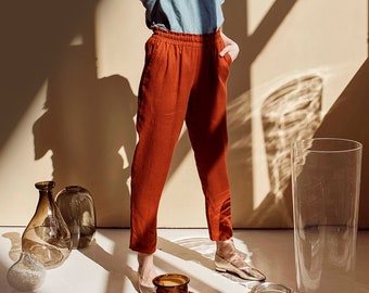 Women Linen Pants, Red Pants, Linen Trousers, Tapered Pants, Linen Clothing, High Waist Pants, Linen Loose Pants, Women Capri Pants, Gift