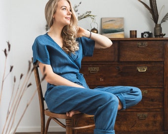 Linen Wrap Jumpsuit, Bohemian Clothing, Linen Romper, Linen One Piece, Linen Clothing, Blue Capri Jumpsuit, Minimalist Jumpsuit, Summer