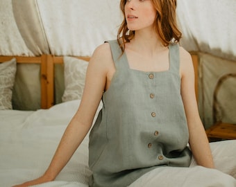 Linen Maternity Top With Square Neckline, Linen Sleeveless Blouse With Buttons