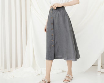 Linen Skirt With Buttons, Women Midi Skirt, Loose Skirt Linen Skirt With Buttons, Women Midi Skirt, Loose Skirt