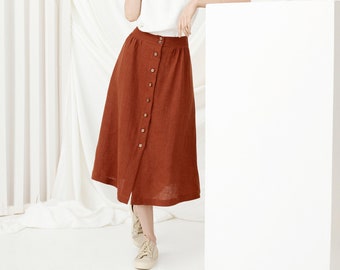 Women Linen Skirt, Long Summer Skirt, Front Buttons Skirt, Comfy Linen Skirt, Plus Size Linen Clothing, Midi Skirt For Women, Loose Skirt