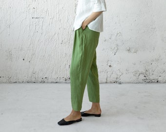 Linen Pleated Pants Summer Style Womens Clothing - Green Linen Pants Mid Century Modern Style -Linen Trousers Woman-Plus Size Linen Clothing