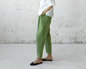 Linen Pleated Pants, Green Summer Pants, Mid Century Modern, Plus Size Clothing, Tapered Linen Pants, Linen Clothing, Bananas Pants, Boho