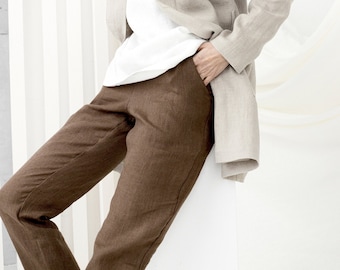 Tapered Linen Pants, Comfy Trousers, Linen Clothing, Lounge Pants, Relaxed Trousers, Plus Size, Women Pants, Brown Elastic Waist Trousers