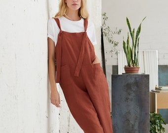 Terracotta Jumpsuit, Linen Dungarees, Farmhouse Jumpsuit, Casual Overall, Picnic Jumpsuit, Garden Romper, Hippie Jumpsuit,Plus Size Clothing