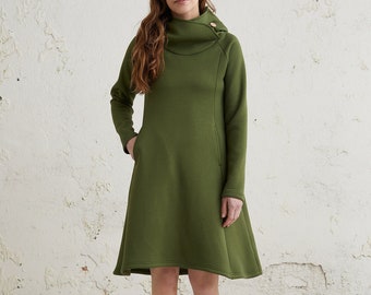 olive green hoodie dress Olive Green 100% Cotton Hoodie Dress, Customizable Dress for Women, A-Line Midi Dress with Pockets