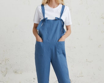 Casual Linen Jumpsuit, Blue Strap Jumpsuit, Linen Dungarees, Loose Fit Overall, Apron Jumpsuit, Plus Size Clothing, Pocket Jumpsuit, Summer