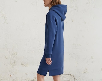 Minimalistisches Hoodie-Kleid, Baumwoll-Sweatshirt-Kleid, Damenbekleidung, Kapuzenkleid, Relaxed Fit-Kleid, Winterkleid, Warmes Kleid mit Taschen