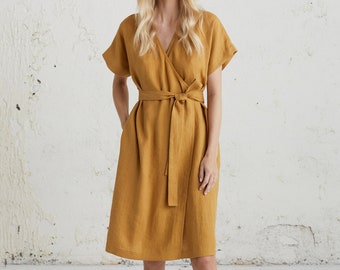 Wrap Linen Dress, Mid Century Modern, Wedding Guest Dress, Minimalist Clothing, Dress With Belt, Dress With Pockets, Summer Linen Dress