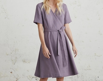 Elegant Linen Dress, Wedding Guest Dress, Wrap Linen Dress, Midi Cocktail Dress, Bridesmaid Dress, Modern 50s Dress, Womens Spring Dresses