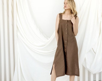 Linen Loose Dress, Summer Style Dress, Button Down Dress, Linen Prairie Dress, Pool Party Dress, Linen Clothing,Maternity Dress With Pockets