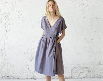 Linen Wrap Dress, Summer Cocktail Dress For Wedding Guest, Linen Sundress, Petite Linen Dress, Summer Tea Dress, Boho Clothing, Swing Dress