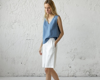 Linen Bermuda Shorts Women, Linen Clothing, Linen Shorts, Mid Waist Linen Shorts, Loose Women Shorts,Wide Leg Shorts With Pockets,Loungewear