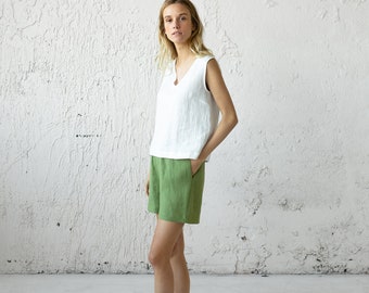 Green Linen Shorts, Casual Shorts For Women, Plus Size Clothing, Beach Linen Shorts, Minimalist Clothing, Summer Linen Shorts, Linen Clothes