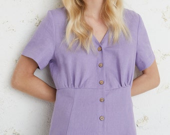 Lilac Linen Dress, Prairie Shirt Dress, Summer Dress, Mid Century Modern, Minimalist Dress, Plus Size Clothing, Midi Linen Dress, Casual