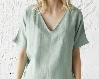 Green Linen Top, Loose Linen Shirt, Linen Clothing, Summer Linen