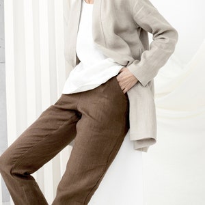 Tapered Linen Pants, Comfy Trousers, Linen Clothing, Lounge Pants, Relaxed Trousers, Plus Size, Women Pants, Brown Elastic Waist Trousers